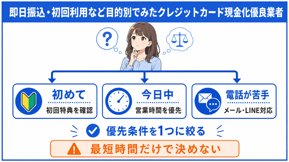 即日振込・初回利用など目的別でみたクレジットカード現金化優良業者