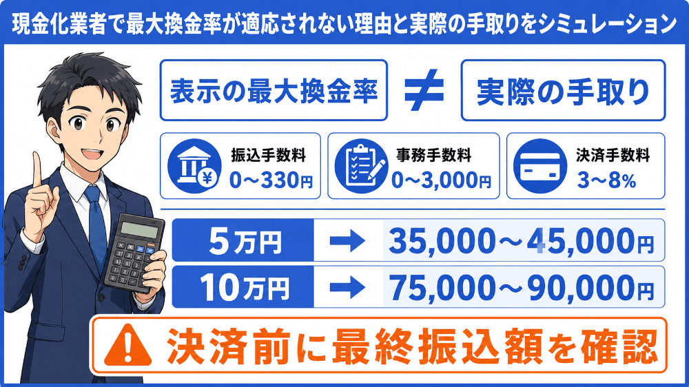 現金化業者で最大換金率が適応されない理由と実際の手取りをシミュレーション